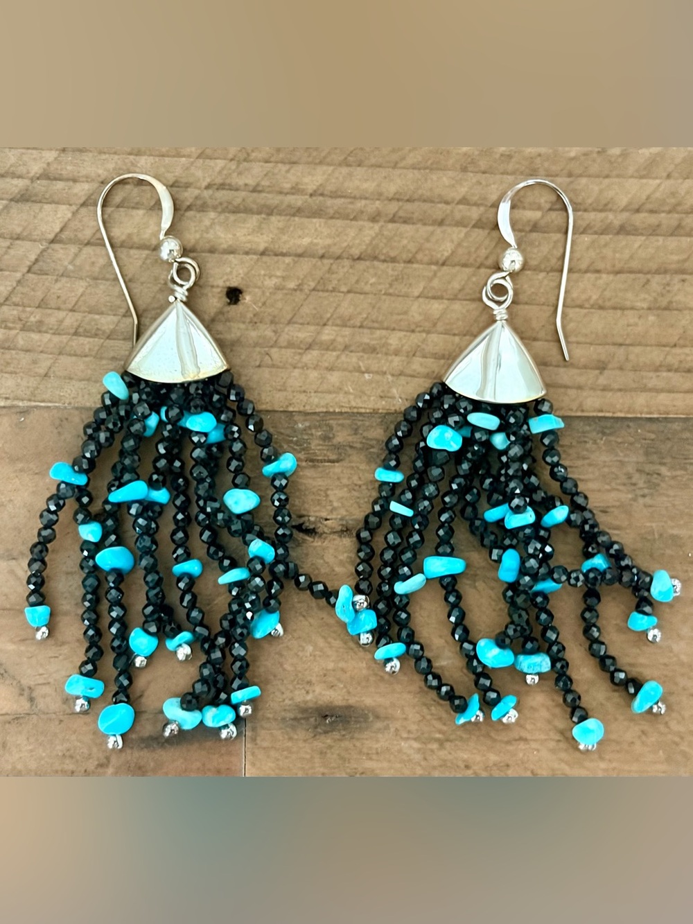 JAY KING DTR STERLING SILVER TURQUOISE & BLACK SPINEL BEADED TASSEL EARRINGS 925